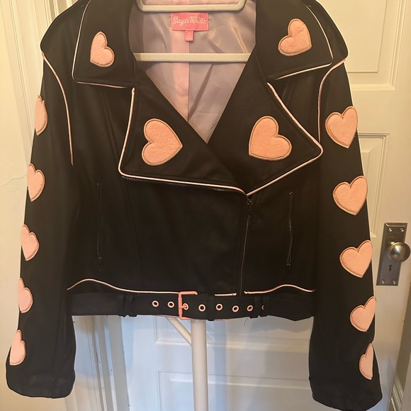 Sugar Thrillz Jackets & Blazers - NWOT Sugar Thrillz Moto Jacket with Puffy Pink Heart Accents